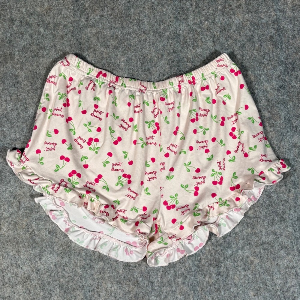 French Affair Pajama Shorts Womens XL Pink Cherry Print Ruffle Sleep Coquette